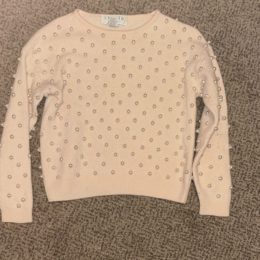 Vintage Women's Pearl Embellished Sweater Light Pink Small